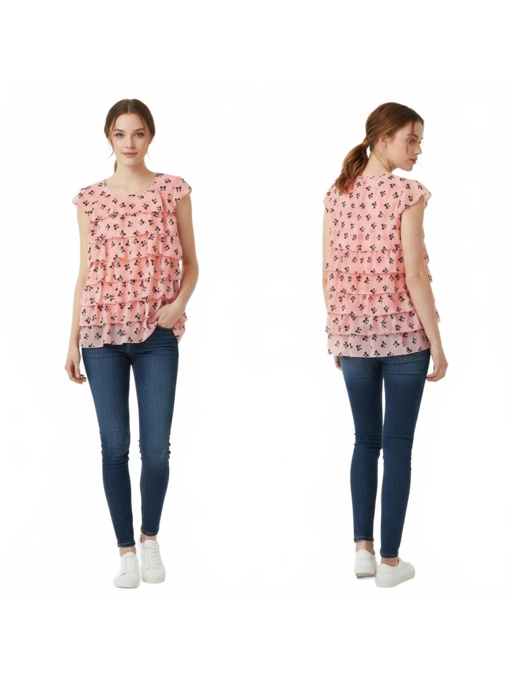George Girls Pink Ruffle Layered Top with Black Bows Size Xl/xg (14-16)